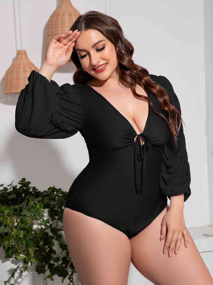 Plus Size Tied Deep V Balloon Sleeve One-Piece Swimsuit